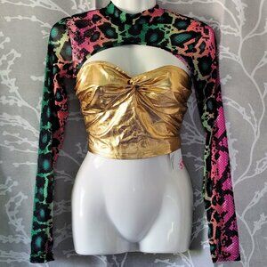 Makemechic (S) Metallic Gold Top and Snakeskin Print Sheer Shrug Set